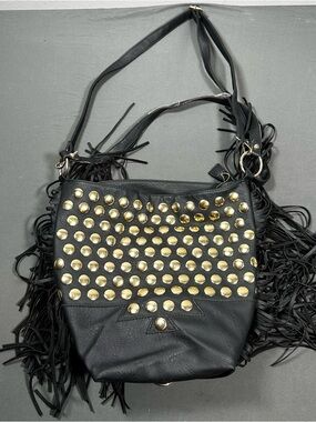 YOKI Black Faux Leather Fringe Studded Hobo Crossbody Bag